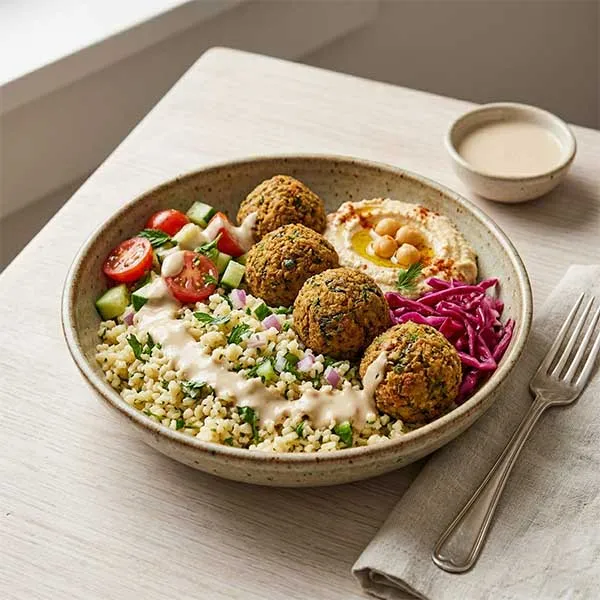 Middle Eastern Falafel Bowl with Lemon-Parsley Bulgur & Tahini